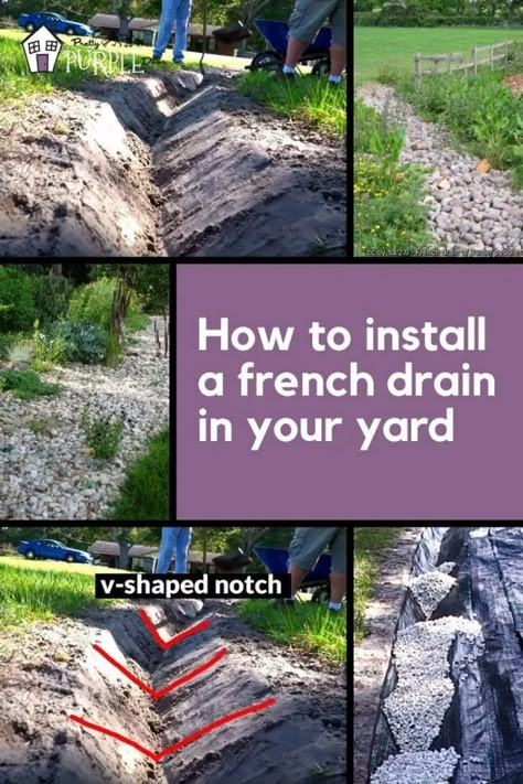 How to install a french drain in your yard Water Drainage Ideas Yards Driveways, Landscape For Drainage Problems, Water Draining Landscape, Outside Drainage Solutions, Water Drainage Ideas Yards Backyards, Lawn Drainage Ideas, How To Build A French Drain Diy, French Drains Landscaping, Driveway Runoff Water