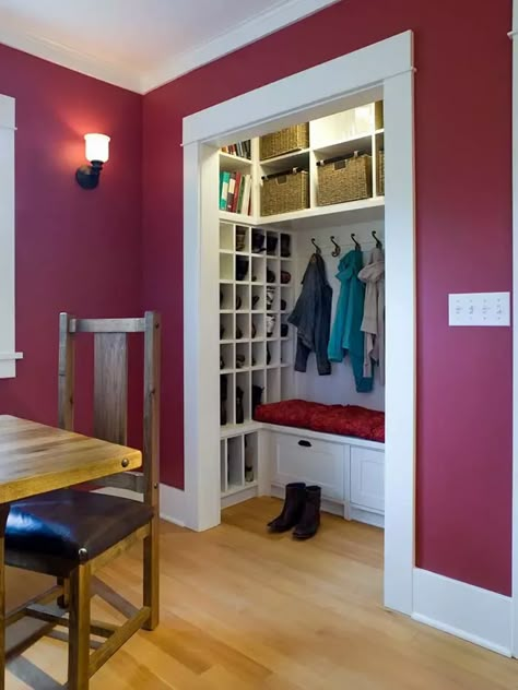 Transform Your Closet Into Mudroom #closet #homedecor #decorhomeideas Closet Turned Mudroom, Coat Closet Makeover, Coat Closet Ideas, Small Coat Closet, Coat Cupboard, Diy Kast, Closet Mudroom, Front Hall Closet, Mudroom Closet