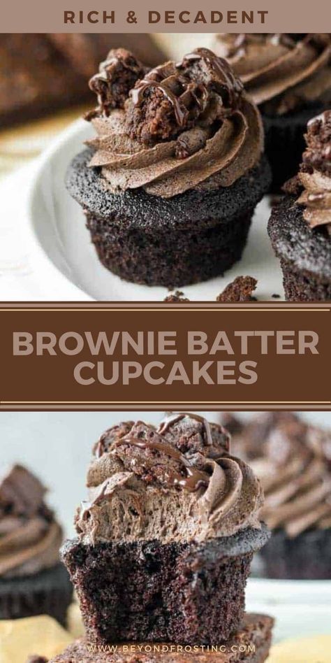 These award-winning Triple Chocolate Brownie Cupcakes re-imagine fudgy brownies in the form of an over-the-top cupcake! A rich and moist chocolate cake base is topped with creamy brownie mix frosting, then finished off with brownie chunks and hot fudge. Cake Base, Brownie Cupcakes, Gourmet Cupcakes, Cupcake Flavors, Cupcake Recipe, Triple Chocolate, Fudgy Brownies, Brownie Mix, Hot Fudge