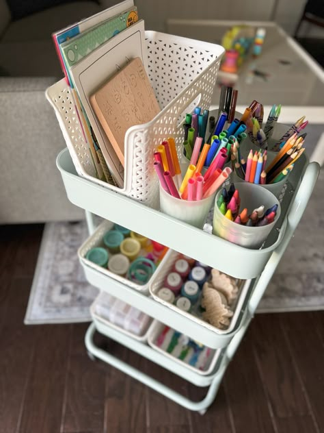 TODDLER CRAFT CART - A Classy Fashionista Craft Cart Storage, Kid Craft Room Ideas, Kids Craft Table Organization, Playroom Art Station, Toddler Art Station Bedroom, Craft Cart For Kids, Toddler Art Station, Kids Art Cart Organization, Art Cart Organization For Kids