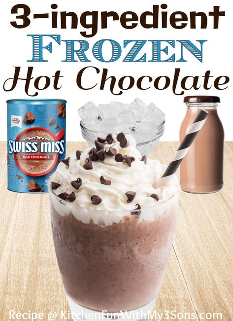 With just 3 ingredients, this Frozen Hot Chocolate is perfect for hot summer days! All you need is milk, hot cocoa mix, ice, and 5 minutes to make this cold and refreshing chocolate drink. #recipes #drinks #dessert Frozen Hot Chocolate Recipe Dq, Easy Frozen Hot Chocolate, How To Make Cold Hot Chocolate, Homemade Frozen Hot Chocolate, How To Make Iced Hot Chocolate, Hot Chocolate Frappuccino, Frozen Coffee Drinks Recipes Blenders, Cold Hot Chocolate Drinks, Milk Ideas Drinks