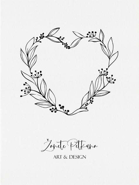 Simple Flower Wreath Drawing, Floral Heart Design, Leaf Heart Drawing, Wedding Cards Drawing Hand Drawn, Drawing Wreaths Simple, Wedding Drawings Easy, Floral Heart Embroidery Pattern, Pretty Heart Drawing, Simple Wreath Drawing