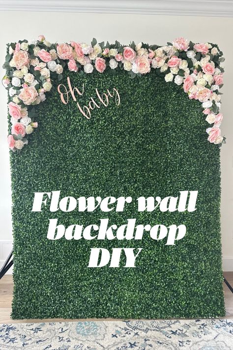 Flower wall, boxwood wall, DIY, for showers, wedding, birthday decor. Flower Wall Backdrop Birthday, Hedgewall Backdrop With Flowers, How To Make A Boxwood Backdrop, Flower Wall Diy Photo Backdrops, Grass And Flower Wall, Flower Wall Photo Backdrops, Diy Boxwood Wall Backdrop, Greenery Backdrop With Flowers, How To Make A Greenery Wall Backdrop