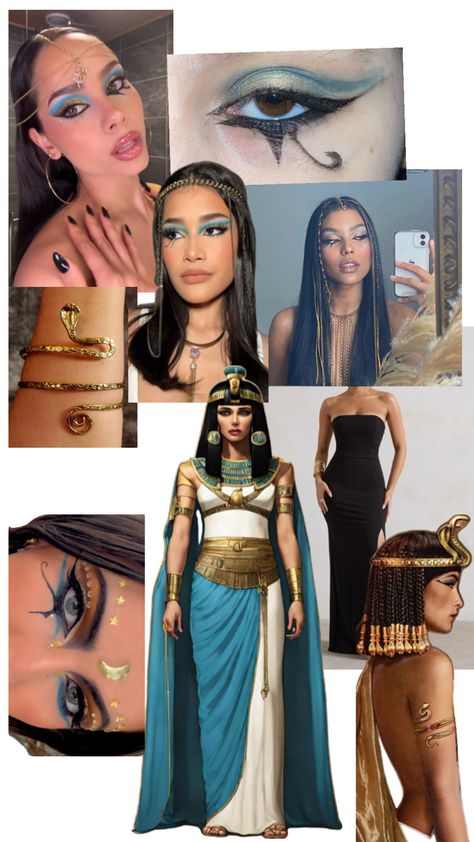 Cleopatra And Ceaser Halloween Costume, Ancient Egyptian Makeup Look, Egyptian Goddess Costume Halloween, Kleopatra Make Up, Diy Egyptian Goddess Costume, Cleopatra Halloween Costume Outfit, Egyptian Outfit Ideas, Dress To Impress Costume Party, Goddess Costume Halloween