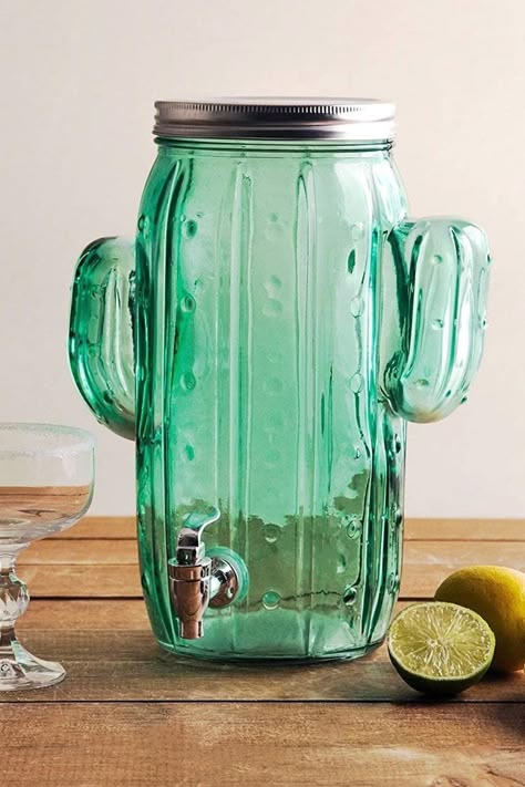 A festive green-tinged glass drink dispenser shaped like a cactus, except this cactus isn't just filled with water. Llama Birthday Party Ideas, Cactus Party Ideas, Cute Cutlery, Three Esta, Glass Drink Dispenser, Laundry Detergent Dispenser, Llama Birthday Party, 13th Birthday Party, Llama Birthday