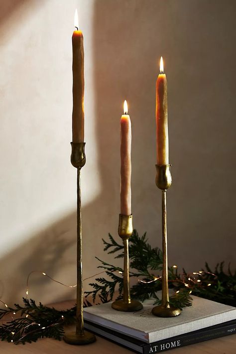 Anthropologie Gifts, Wood Pillar Candle Holders, Anthropologie Candle, Good Burns, Iron Candlesticks, Rustic Candle Holders, Gold Candles, Large Candles, Candles Holders