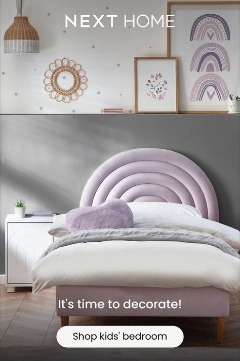 Purple Upholstered Bed, Room For 10 Year Girl, Bedroom Lilac, Rainbow Bedroom Decor, Purple Kids Room, Lilac Bedroom, Pastel Furniture, Cushioned Headboard, Rainbow Bedroom