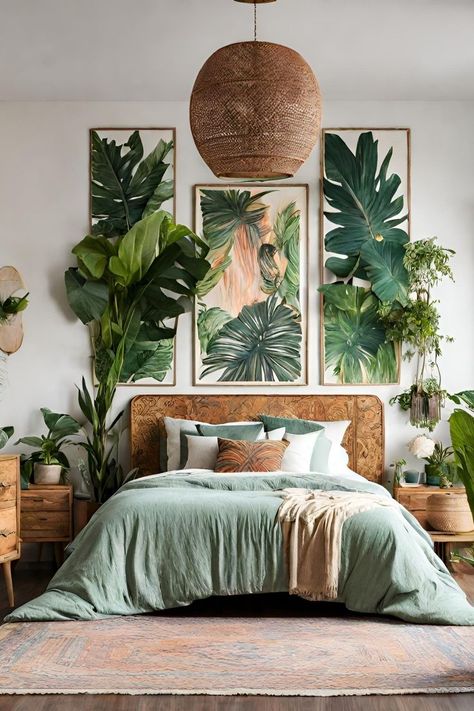 21 Modern Boho Jungle Themed Bedroom Ideas Jungle Bedroom Ideas, Boho Jungle Bedroom, Jungle Bedroom Theme, Jungle Themed Bedroom, Jungle Themed Room, Jungle Bedroom, Tropical Bedrooms, Oversized Pillows, Jungle Room