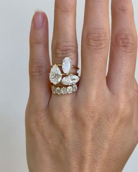 SOFIA KAMAN FINE JEWELS on Instagram: "Getting hand-sy 🤚   Can’t help but notice that you all LOVE these swirly, delicate hand reels. So here’s a compilation of the top 9 🪄  Engagement ring, bridal inspo, wedding ring, ring stack, wedding bands, proposal, engagement, 2024 bride, 2025 bride" Stacked Solitaire Wedding Rings, Stacked Solitaire Diamond Rings, Triple Stack Engagement Ring, 3 Atone Engagement Ring Stacked Vertically, Wedding Fine Jewelry Stackable Solitaire Rings, Luxury Stackable Solitaire Rings For Wedding, Unique Wedding Ring Stack, Wedding Rings Solitaire, Bridal Inspo