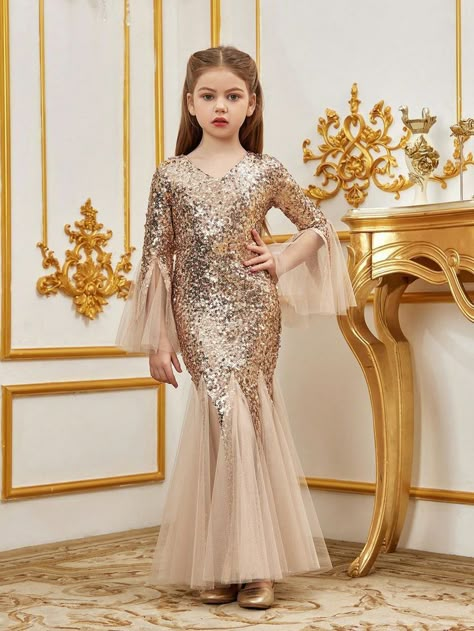 Long Dress For Kids, Kids Long Dress, Sequin Dress Outfit, Kids Dress Collection, Kids Party Wear, Wedding Dresses For Kids, Champagne Party