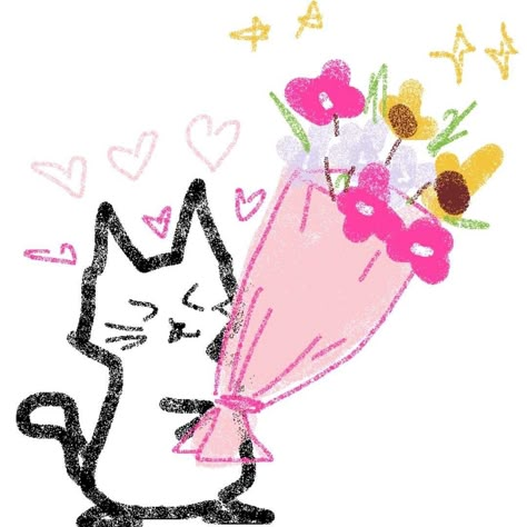 Cats With Flowers Drawing, Cat Holding Flowers Drawing, Giving Flowers Drawing, Cat Giving Flowers, Cat With Flowers Drawing, Cute Drawing For Boyfriend, Cat Holding Flowers, Flower Bouquet Png, Abstract Pencil Drawings