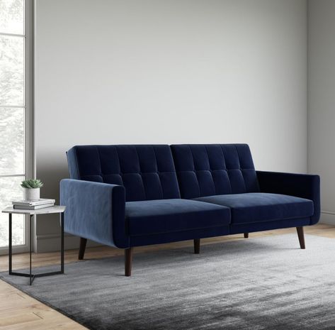 Blue Velvet Couch, Comfortable Futon, Modern Futon, Modern Sofa Bed, Futon Sofa, Homes And Gardens, Living Room Furniture Sofas, Small Space Living, Better Homes And Gardens