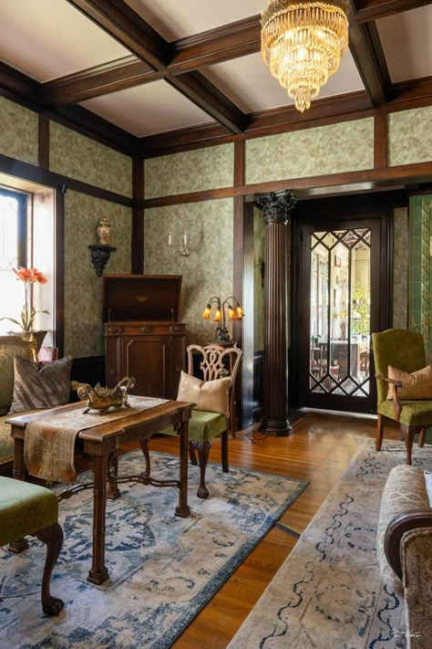 Mansions of the Gilded Age | Our 1909 living room, looking into the sun parlor | Facebook 1920s Parlor Room, Gilded Age Mansions Interior, Gilded Age Interiors, Guilded Age Interior Design, Gilded Age Interior Design, Gilded Age Decor, 1920s Living Room, Edwardian Living Room, House In The Countryside