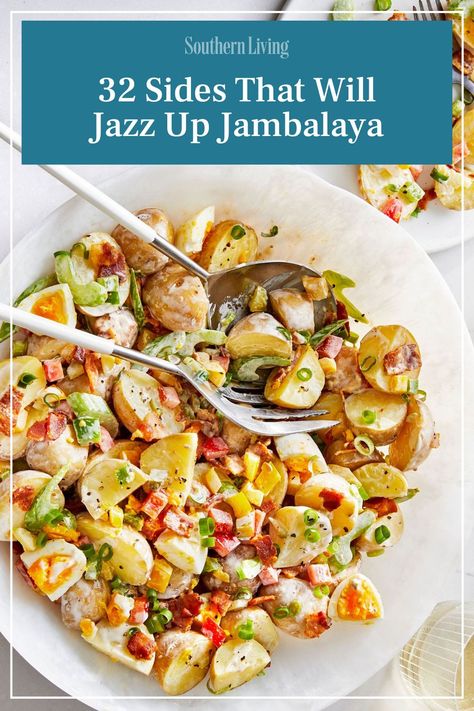 Jambalaya is a party all by itself, but this Cajun favorite is even better when you pair it with your favorite side dish. There are no rules when it comes to picking a side dish for jambalaya—your house, your choice. Whether you decide to pick some light and fresh or double down on the starchy goodness, these 32 recipes will jazz up that delicious jambalaya. #sides #recipes #jambalaya #cajun #sidedishes Sides For Jambalaya Dishes, Jambalaya Sides, Cajun Side Dishes, Southern Sides, Rice Meat, Church Picnic, Breakfast Party Foods, Easy Dinner Casseroles, Side Salad Recipes