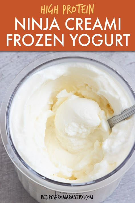 This 2 ingredient Ninja Creami frozen yogurt, is a thick and creamy snack, dessert or a healthy refreshment. It is a great guilt-free dessert to enjoy all season long especially for breakfast, brunch or hot summer days! You only need 2 ingredients including Greek yogurt and 5 minutes of prep to make this Ninja Creami Protein Frozen Yogurt. You can also make Ninja Creami Vanilla Frozen yogurt or Ninja Creami Chocolate Frozen Yogurt. Creami Frozen Yogurt, Frozen Yoghurt Recipe, Ninja Creami Chocolate Ice Cream, Ninja Creami Vanilla Ice Cream, Protein Frozen Yogurt, Protein Ninja Creami, Greek Yogurt Ice Cream, Ice Cream Ninja Creami, Creami Protein Ice Cream