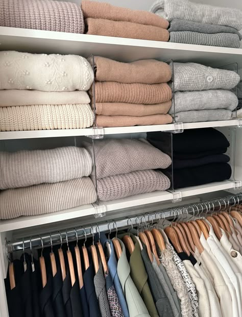 How To Organize An Armoire For Clothes, Hang Sweaters, Sweater Organization, Armoire Storage, Organized Closet, Wardrobe Organisation, House Organisation, Apartment Vibes, Shelf Dividers