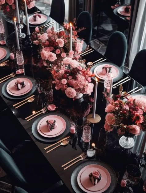 Black Pink Table Decor, Rose Pink And Black Wedding, Pink Black Gold Party Decoration Table Settings, Black Pink Party Theme, Pink And Black Dinner Table Decor, Black Pink Table Setting, Black And Pink Event Decor, Black White Gold And Pink Wedding, Rose Gold And Black Party Decor