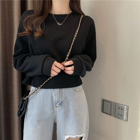 Shinsei Plain Cropped Sweatshirt | YesStyle Mini Pencil Skirt Outfits, Female Hoodie, Pullover Crop Top, Simple Sweatshirt, Khaki Tops, Graduation Party Dresses, Pencil Skirt Outfits, Clothing Female, Summer Bodycon Dress