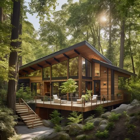 Forest House Mountain, Small Forest House, Forest Landscaping, Small Cabin In The Woods, Cabin Style Homes, Cabin Exterior, Modern Mountain, Cabin Style, Small Cabin