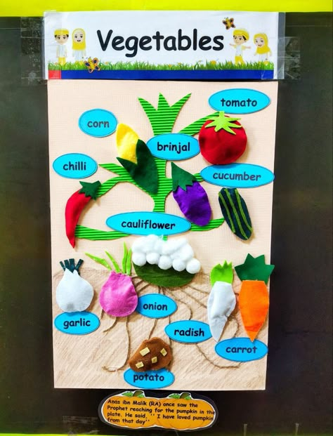 Montessori Vegetables Activities, Vegetable Chart For Preschool, Play Class Decoration Ideas, Play Group Class Wall Decoration Ideas, Vegetable Art And Craft Preschool, Vegetable Projects For Kids, Art And Craft Vegetables For Kids, Vegetables Art And Craft For Preschool, Playgroup Class Decoration