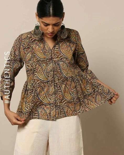 Kalamkari Cotton Kurti Designs Casual, Ajrakh Top Designs, Ethnic Shirts Women, Kalamkari Shirts Women, Kalamkari Coord Set, Kalamkari Dresses Kurti, Ajrakh Tops, Kalamkari Tops, Printed Tops For Women