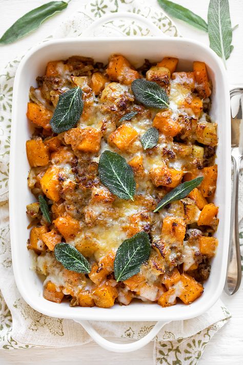 This butternut squash casserole has all the flavors of fall with apples, sweet sausage, caramelized fennel and onions, plus Gruyere cheese! | thecozyapron.com #butternutsquashcasserole #butternutsquashcasserolerecipes #butternutsquashcasserolehealthy #butternutsquashcasseroleeasy Seasoning For Butternut Squash, Butternut Squash And Sage, Butternut Squash Sage, Side Veggies, Veg Salad, 2nd October, Fresh Sage, Sage Leaves, Recipe Images