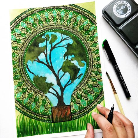 Kicking off the mandala mania for #7mandalaschallenge with the first prompt Environment Mandala. It took a pandemic for a lot of us to realize what we as humans are doing to the environment. As the earth slowly heals with minimal intervention from us, I hope we remember what it is like to not pollute. To a safer, cleaner and greener world🙏♥️ Hope you guys like it!!. .. . . . . . . . . . . . . .  Paper and pen: @brustro_official  Brush : @artyshils_art_brushes Paint : @danielsmith_india . . . . Mandala Creative, Earth Day Drawing, Creative Book Cover Designs, Creative Book Covers, Brushes Paint, Easy Mandala Drawing, Mandala Doodle, Drawing Competition, Indian Art Gallery