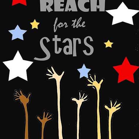 Reach For The Stars Party, Reach For The Stars Classroom Theme, Reach For The Stars Bulletin Board, Star Graduation Theme, Graduation Poster Ideas, Prek Graduation, Kindergarten Graduation Gift, Sports Theme Classroom, Yearbook Cover