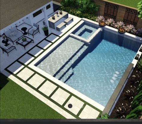 Inground Pool Hot Tub Combo, Outdoor Pool Area Ideas Modern, Linear Pool With Spa, Luxury Swimming Pools Backyard, Ranch House Pool Ideas, Inground Pool Layout Ideas, Swimming Pool Ideas Inground, Home Depot Patio Ideas, Outdoor Shower Area Ideas