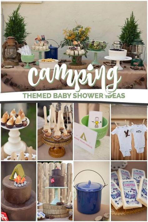 A Rustic Chic Boy’s Camping Themed Baby Shower Little Camper Baby Shower, Adventure Baby Shower Theme, Camping Baby Shower Theme, Camping Baby, Adventure Awaits Baby Shower, Adventure Baby Shower, Camping With A Baby, Baby Shower Theme Decorations, Outdoor Baby Shower