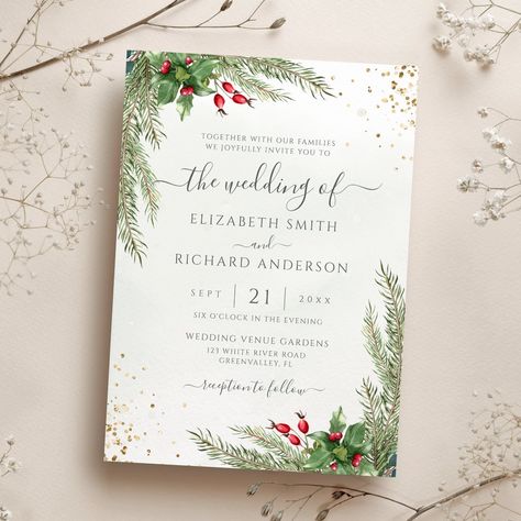 Winter Holiday Botanical Greenery Wedding Invitation Neutral Winter Wedding, Dark Green Garden, Leaf Calligraphy, Wedding Invitation Watercolor, Botanical Wreath, Woodland Floral, Berry Wedding, Christmas Photo Frame, Christmas Wedding Invitations