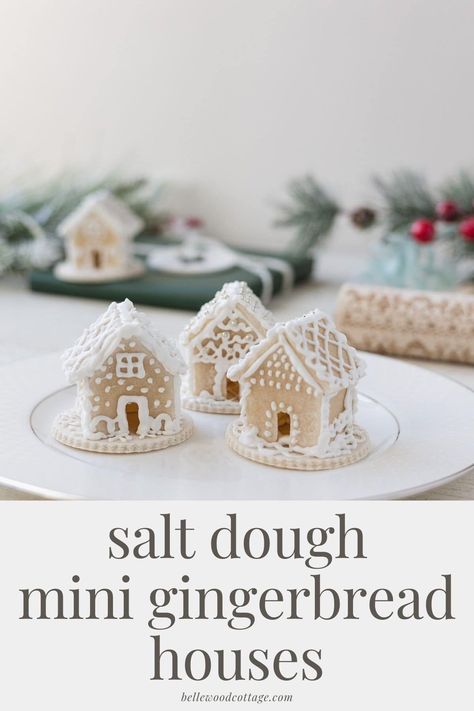 Try making mini gingerbread houses with salt dough! These houses are not edible, but the 3-ingredient salt dough makes creating them a breeze. Shorten the time commitment and get straight to decorating with these tiny salt dough gingerbread houses. Salt Dough Houses How To Make, Salt Dough Ideas For Adults, Salt Dough Snowflakes, Salt Clay Ornaments Dough Recipe, Salt Dough Bread, Nativity Salt Dough Ornament, Glitter Salt Dough Ornaments, Salt Dough Village, Cookie Ornaments Salt Dough