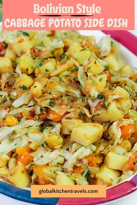 Cabbage With Potatoes, Bolivian Cuisine, Spicy Cabbage, Cabbage Potatoes, Bolivian Food, Cabbage And Potatoes, Comfort Soup Recipes, Extra Protein, Cooked Cabbage