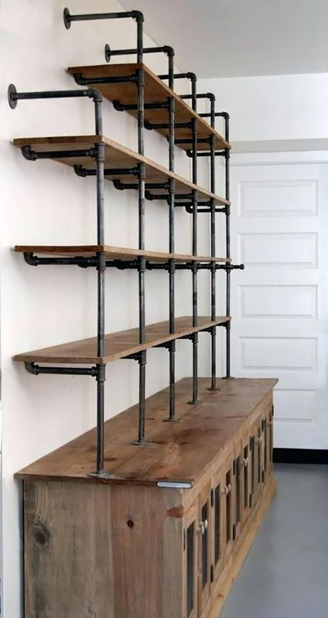 45+ DIY Pantry Shelves Built with Pipe & Fittings | Simplified Building Canada Regal Industrial, Diy Pipe Shelves, Pipe Desk, Pipe Decor, Regal Design, Retail Shelving, Pipe Furniture, Pipe Shelves, Shelving Units