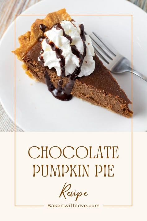 An image of a slice of chocolate pumpkin pie on a white plate with a large dollop of whipped cream on top. Thanksgiving Dessert Table, Pumpkin Pie Ingredients, Classic Pumpkin Pie Recipe, Traditional Pumpkin Pie, Pumpkin Flan, Chocolate Pumpkin Pie, Classic Pumpkin Pie, Pie Chocolate, Thanksgiving Desserts Table