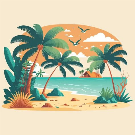 Tropical summer beach ocean sunset and s... | Premium Vector #Freepik #vector #sun-beach #island #paradise #beach Island Illustration Art, Summer Vector Art, Tropical Beach Illustration, Tropical Island Illustration, Illustration Art Beach, Garden Wall Paint, Beach Sunset Illustration, Beach Illustration Art, Summer Illustration Design