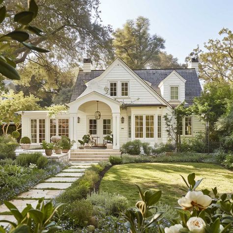 White Cottage Style House, French Farmhouse Exterior Country Houses, House Placement On Land, New Build House Exterior, Exterior Home Inspiration, Large Cottage Exterior, Pretty Houses Exterior, Neutral House Exterior, Costal Cottage House