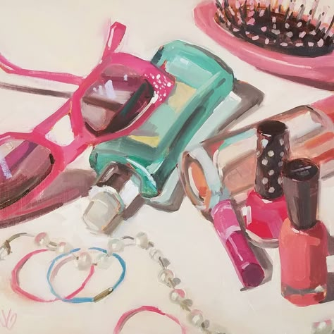 Jessica Green on Instagram: “My Girly. 12x12" Oil #girly #pink #pinkpaintings #stilllife” Gcse Art Collections, Girly Aesthetic Art, Childhood Nostalgia Art, Girly Objects, Nostalgia Drawing, Pink Objects, Objects Aesthetic, Objects Painting, Makeup Painting