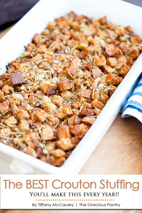 Stuffing With Croutons Recipe, Clean Stuffing Recipe, Crouton Stuffing Recipe, Crouton Stuffing, Easy Croutons, Clean Eating Thanksgiving, Whole Foods Thanksgiving, Crispy Cornbread, September Meals