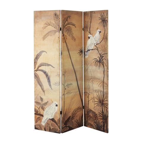 Mustard Yellow Velvet Room Divider with Tropical Landscape Print Bar | Maisons du Monde Chinoiserie Chic Interior Design, Fixer Upper Bedroom, Paintings Living Room, Folding Screen Room Divider, Wabi Sabi Design, Folding Room Divider, African Savanna, Floor Screen, Folding Screens