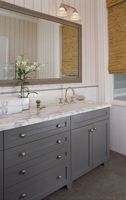 Full overlay, paint grade, Shaker style bathroom vanity cabinet in slate gray satin lacquer for a client in the Avalon area. Grey Bathroom Cabinets, Grey Bathroom Furniture, Idea Paint, Bathroom Grey, Grey Bathroom Vanity, Gray Vanity, Marble Bath, Bathroom Images, Master Bath Ideas