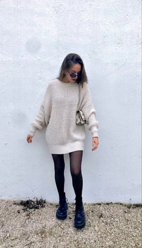 Jumper Dress With Tights, Jumper Dress And Boots Outfit, Sweater Dress And Tights Outfit, Cream Jumper Dress Outfit, Sweater Dress With Boots And Tights, Winter Dress With Tights, Short Dress With Tights, Ireland Outfit Ideas, Body Con Dress Outfit Casual