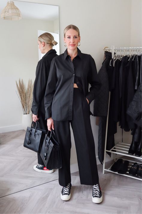 Black Wide Leg Pants Outfit Converse, Black Trousers Converse Outfit, Black Shirt Outfit Inspo Women, All Black Trousers Outfit, Oversized Black Satin Shirt Outfit, Black Shirt And Black Pants, Black Shirt Aesthetic Outfit, Oversized Black Pants Outfit, Oversize Black Shirt Outfit