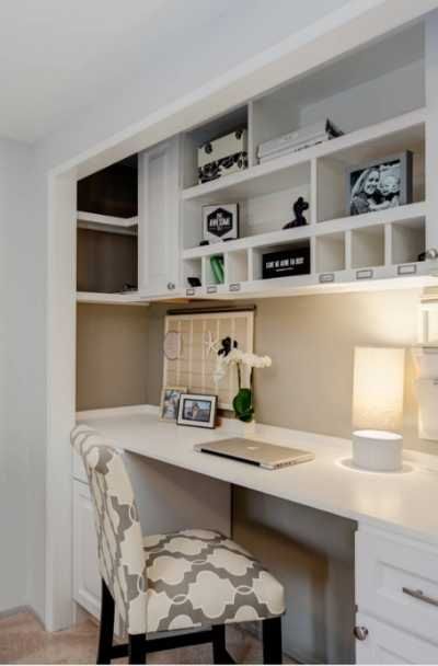 31 Closet Office Desk Design Ideas | Sebring Design Build Small Bedroom Office, Closet Desk, Traditional Home Office, Bedroom Decor Gray Walls, Home Office Closet, Bedroom Decor Gray, Homescreen Wallpaper Ideas, Rectangle Bedroom, Colors Bedroom