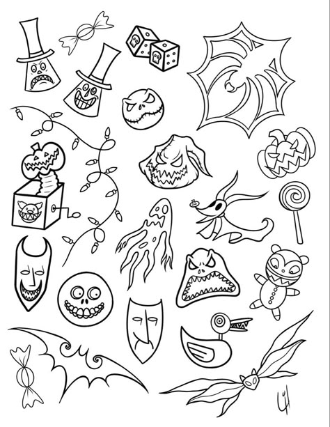 Flash Tattoos For Beginners, Nightmare Before Christmas Finger Tattoo, Tattoo Stencils Flash Sheet, 2x2 Flash Tattoos, Movie Tattoo Flash Sheet, Horror Movie Tattoo Flash Sheet, Oogie Boogie Flash Tattoo, Basic Flash Tattoo, Subtle Nightmare Before Christmas Tattoo