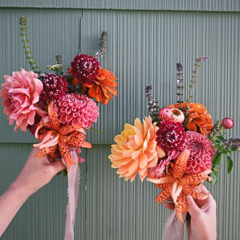 Autumnal Bridesmaid Bouquet, Fall Wedding Bouquets With Dahlias, Red Orange Pink Wedding Color Palettes, Orange Pink Wedding Flowers, Scabiosa Bouquet, Orange Bridesmaid Bouquet, Dahlia Wedding Flowers, Bridemaid Bouquet, Zinnia Bouquet