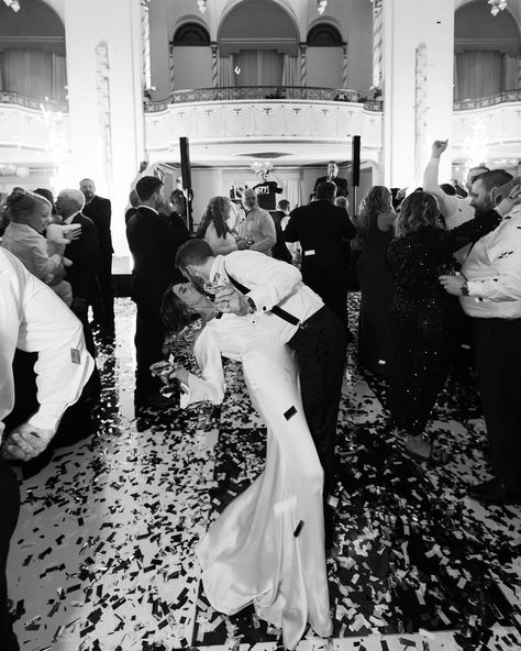 A Midnight Kiss at a Boston New Year’s Eve Wedding✨ Alie and Zach’s winter wedding theme of elegant, moody, classic glam was beautifully brought to life by @bameventsbos. The sophisticated color palette, enriched with gold accents and abundant candlelight, perfectly matched their vision. The photos by @cityluxstudios not only captured the couple’s happiness and the venue’s grandeur but also added a timeless elegance with black-and-white images that embodied the glam of their New Year’s Eve c... Black Tie New Years Eve Wedding, Classic Black And White Wedding Party, New Year’s Eve Elopement, Wedding New Years Eve, New Year’s Eve Kiss, Nye Wedding Photos, Black Tie Wedding Winter, Nye Wedding Aesthetic, Winter Wedding Classy