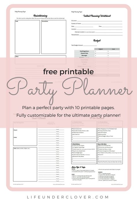 free printable Party Planner worksheets, plan the perfect party, 10 printable pages, http://www.lifeunderclover.com Party Planner Template Free, Party Planning Sheet, Party Budget Worksheet, Birthday Party Budget Worksheet, Event Planning Template Free Printable, Party Planning Budget Template, Party Planning Template Free Printable, Party Planning Checklist Organizing, Party Planning Template