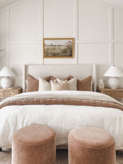 Find the perfect balance of comfort and style with these 15 beautiful bedroom designs. Blush Neutral Bedroom, Neutral Bedroom With Blush Accents, White And Taupe Bedroom, Neutral Pink Bedroom, Warm Neutral Bedroom, Nuetral Bedroom, Parisian Inspired Bedroom, Greige Bedroom, Grey Headboard Bedroom