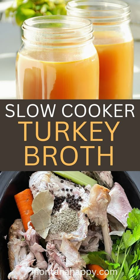 Top photo is turkey broth in Mason jars. Bottom photo is turkey stock ingredients. Turkey Broth Crockpot, Turkey Stock Crockpot, Slow Cooker Turkey Broth, Turkey Broth With Bones Crockpot, Bone Broth From Turkey Bones, Turkey Bone Broth In Crockpot, Homemade Turkey Broth From Bones, Turkey Carcass Broth, How To Make Broth From Turkey Bones